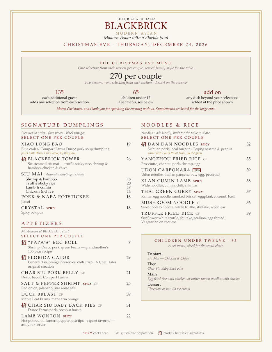 Christmas Eve dinner menu, page one